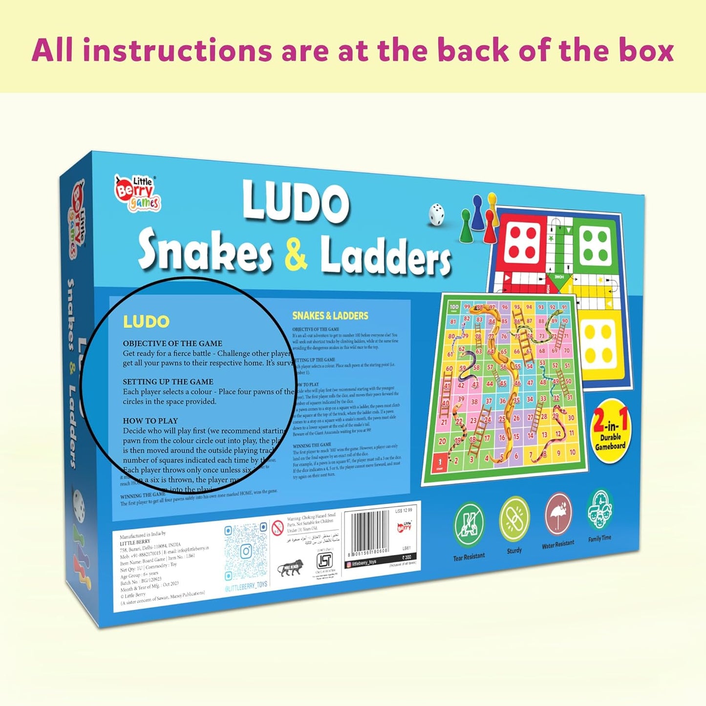 Ludo Game for Kids | 2-in-1 Snakes & Ladders and Ludo Board | 14”x14” Foldable Big Family Game for Kids & Adults | Travel-Friendly Dice Board Game