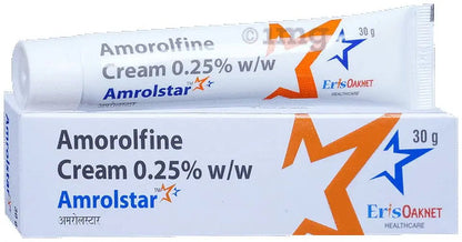 Amorolfin cream packaging with Amrolstar branding on a white background