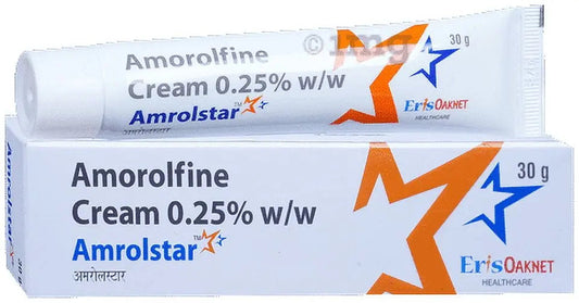 Amorolfin cream packaging with Amrolstar branding on a white background