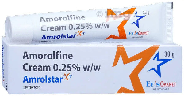 Amorolfin cream packaging with Amrolstar branding on a white background