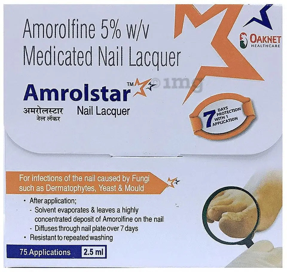 Amorolstar Medicated Nail Lacquer box with product details and branding.
