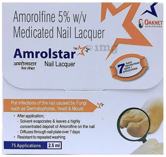 Amorolstar Medicated Nail Lacquer box with product details and branding.