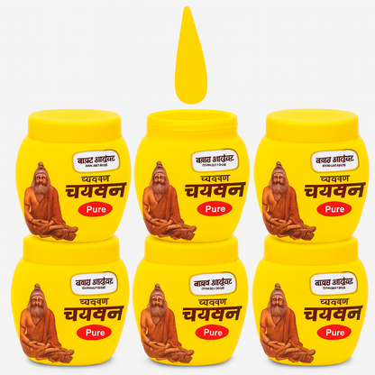 Five yellow bottles of Chayvan Pure with a central bottle on a white background