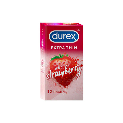 Durex Extra Thin Wild Strawberry condoms packaging on a white background