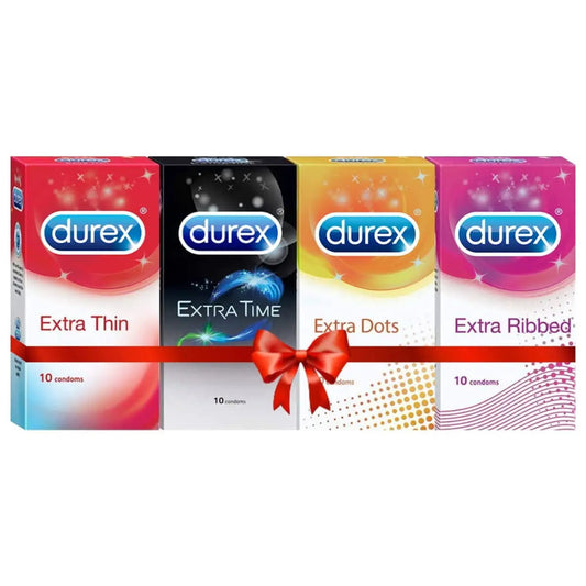 Four Durex condom boxes with different designs and text on a white background
