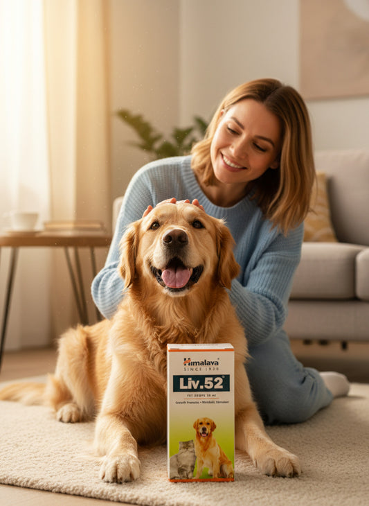 Woman with a golden retriever dog holding a Himalaya Liv.52 box in a living room.