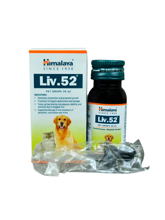 Himalaya Liv.52 pet supplement package with bottle, box, and packets on a white background