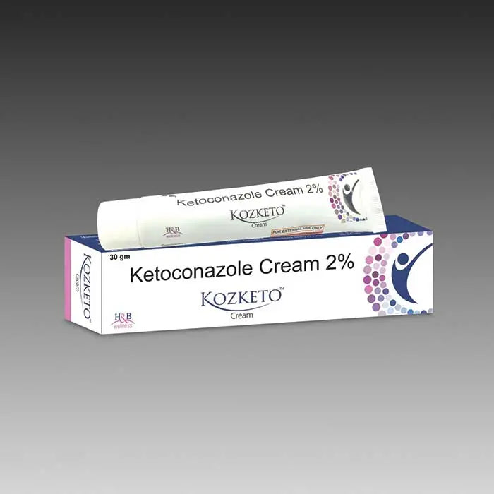 Ketoconazole Cream 2% packaging with Kozketo branding on a gray background