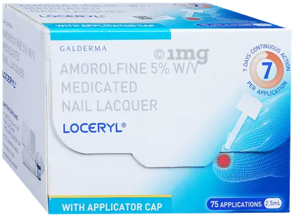 Box of Loceryl Amorolfine 5% W/V medicated nail lacquer with applicator cap.