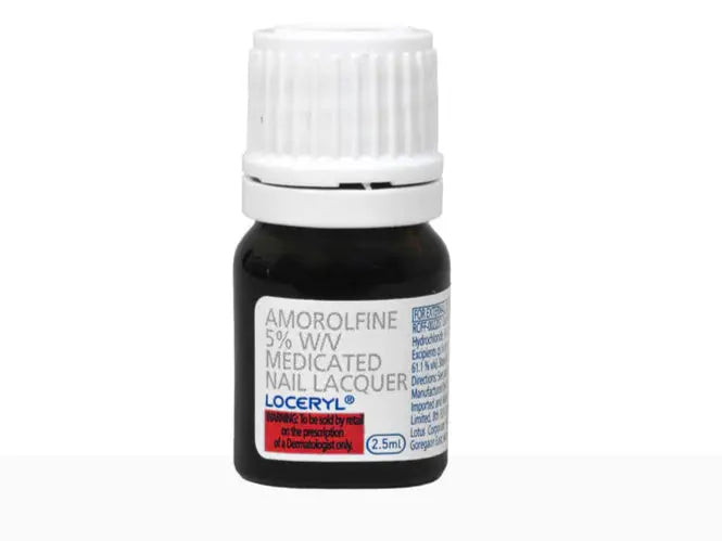 Amorolfine 5% WV medicated nail lacquer bottle on a white background