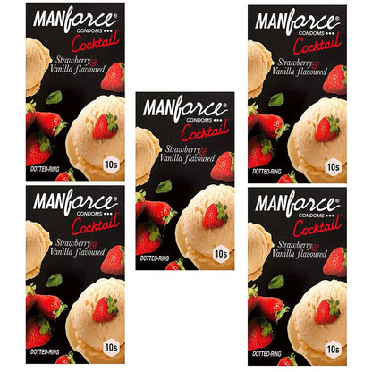 Multiple packages of Manforce Strawberry & Vanilla Flavored Condoms on a black background.