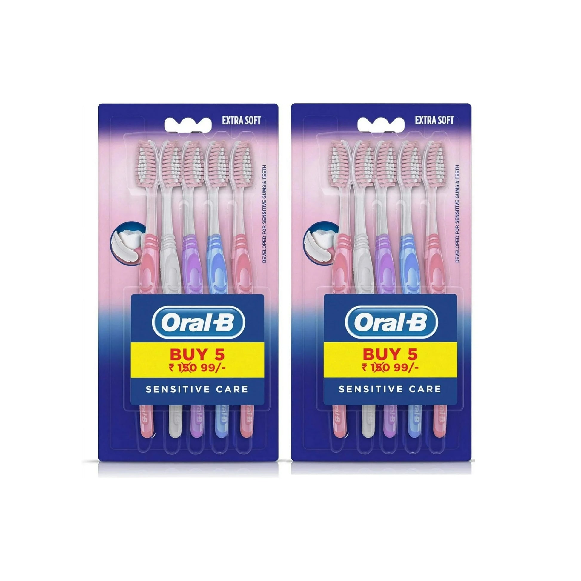 Two packages of Oral-B sensitive care toothbrushes on a white background