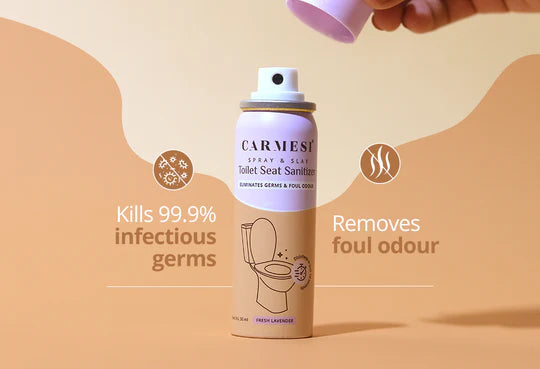 Carmesi toilet seat sanitizer spray bottle with text on a beige background