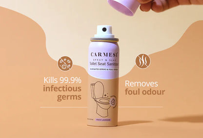 Carmesi toilet seat sanitizer spray bottle with text on a beige background