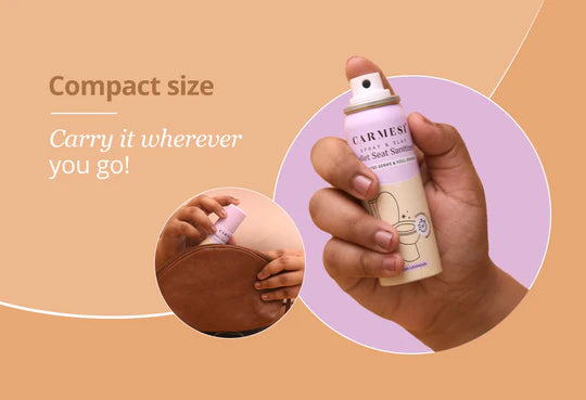 Hand holding a small bottle with text about compact size on a beige background
