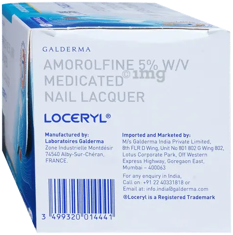 Box of Loceryl Amorolfine 5% W/V Medicated Nail Lacquer with branding and contact information.