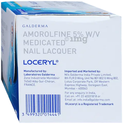 Box of Loceryl Amorolfine 5% W/V Medicated Nail Lacquer with branding and contact information.