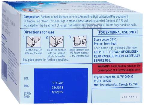 Nail lacquer packaging with directions for use and product details.
