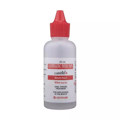 Bottle of candol mouth paint with red cap on a white background