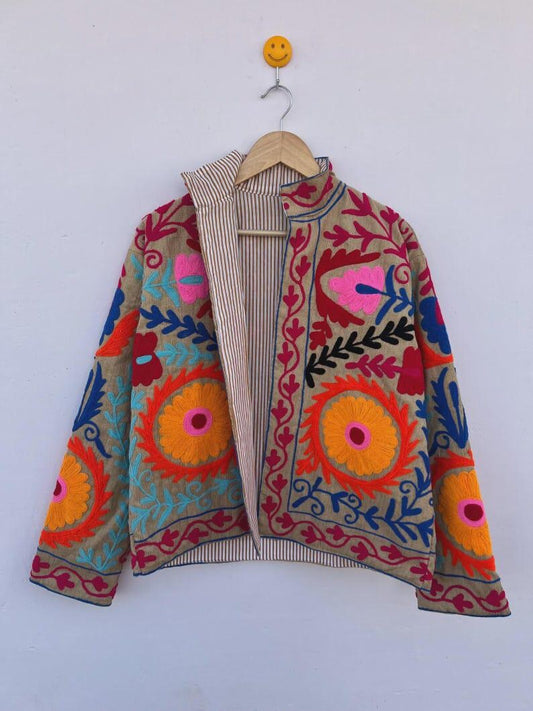 Bohemian Suzani Embroidered Cotton Jacket, Floral Overcoat, Gift For Her