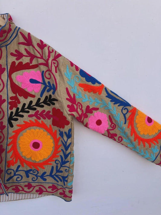 Bohemian Suzani Embroidered Cotton Jacket, Floral Overcoat, Gift For Her
