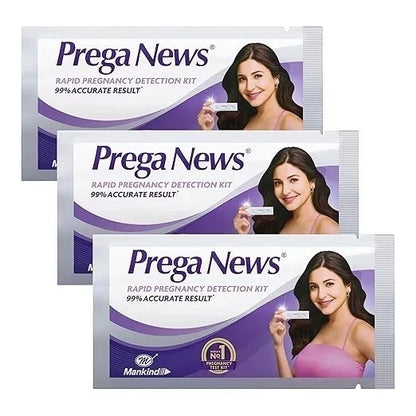 Three packages of Prega News rapid pregnancy detection kit on a white background