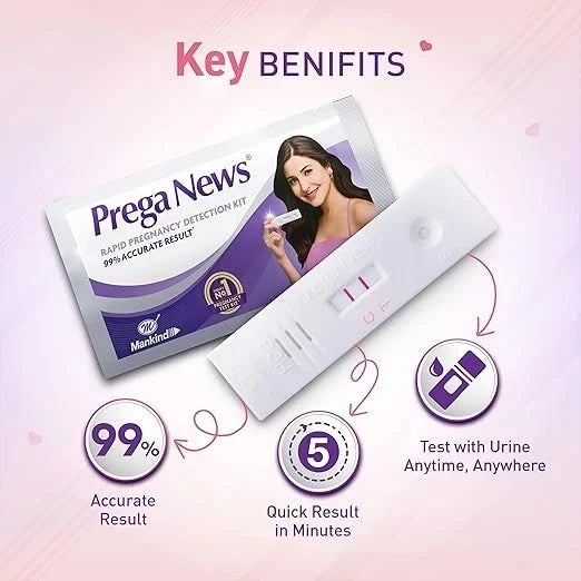 Prega News pregnancy detection kit with key benefits on a pink background