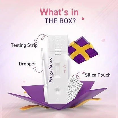 Pregnancy test kit with components labeled on a pink background
